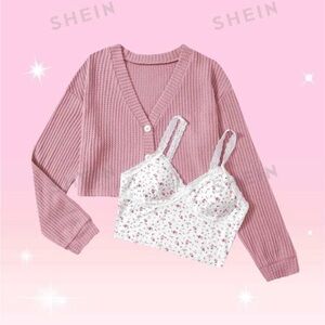 Fairycore Solid Color Front Button Ribbed Knit Top&Spaghetti Strap Lace Camisole